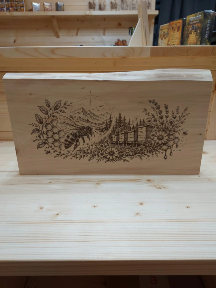 Gravírovaný drevený obraz Včely a úľ – lipa 44 × 25 cm