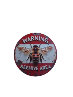 Kovová tabuľka WARNING BEEHIVE AREA – včelárska dekorácia